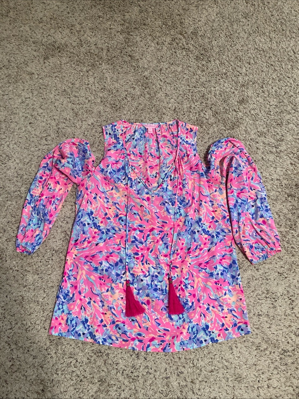 Lilly Pulitzer coral crab silk Floral Cold-Shoulder blouse top Tassels Small